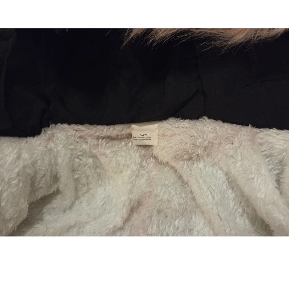 New Girls Black Quilted Puffer Jacket Pink Faux Fur Hood Floral‎ Embroidery 3-4Y